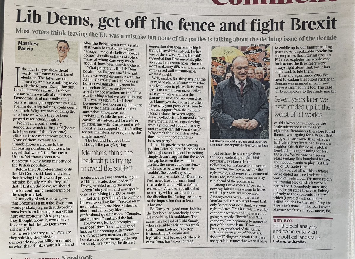 LizWebsterSBF's tweet photo. I’m sure it will come as no surprise to learn I agree with Matthew Parris. 

We need to connect the anguish over our serious diminishing prosperity and #Brexit by roaring 🦁 the truth that a Brexit u-turn will deliver a better future for all. 
#GetBrexitUndone #SetBritainFree https://t.co/gKyVCzlzdG