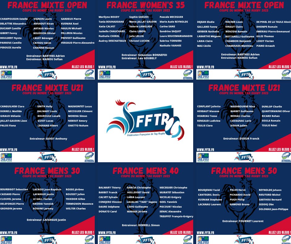 8 Equipes
9 Entraineurs
134 Joueurs
 
TEAM FRANCE🇫🇷🏉🤩
 
Coupe du Monde de Tag Rugby du 02 - 06 août 2023, LIMERICK IRLANDE
 
#FFTR #tag #tagrugby #RugbyTag #flag #FlagRugby #rugbyflag #oztag #rugby #ireland #france #worldcup #mixedu21 #Women35 #mixedopen #mens30 #mens40 #mens50