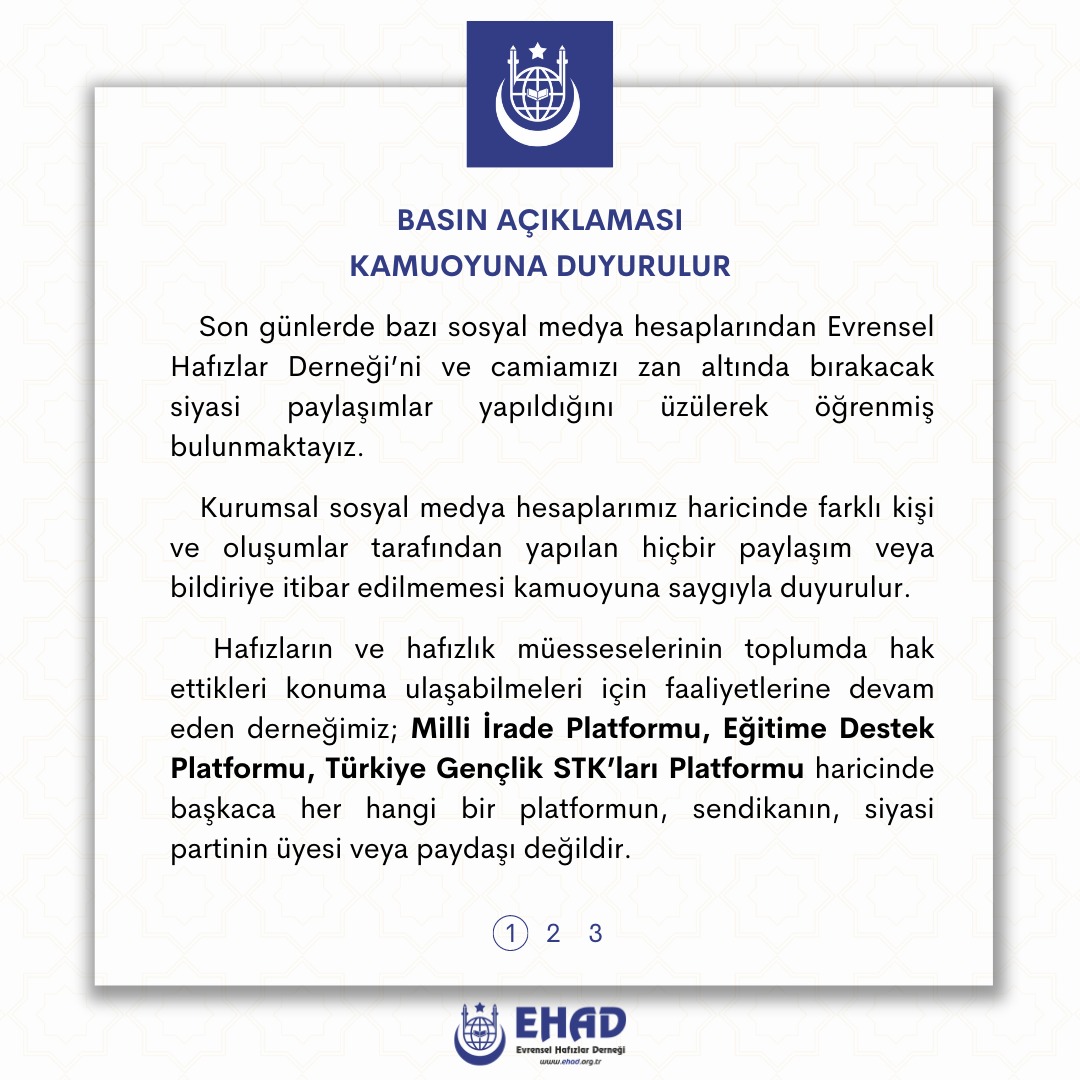 EhadEskisehir's tweet photo. SAYGIYLA DUYURULUR
Bazı sosyal medya hesaplarından derneğimizi zan altında bırakacak siyasi paylaşımlar yapıldığını üzülerek öğrenmiş bulunmaktayız. Derneğimiz; Milli İrade, Eğitime destek ve TGSP haricinde herhangi bir platformun, sendikanın veya siyasi partinin paydaşı değildir https://t.co/4tvAeyg6sX