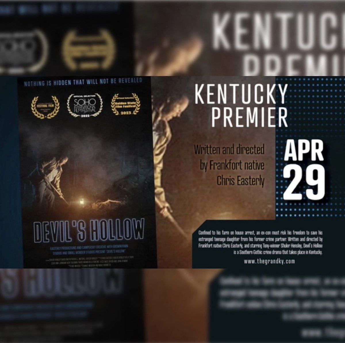 devilshollow01's tweet photo. If you are near Frankfurt, KY be sure to check out Devil’s Hollow tonight at The Grand Theatre For those who can’t make it to the theatre tonight, just 2 more days until Devil’s Hollow is released on Amazon Vudu &amp; more! Get Ready! 🎥 🍿 #devilshollowmovie #amazonvideo #streaming https://t.co/zJB6c3HGeS