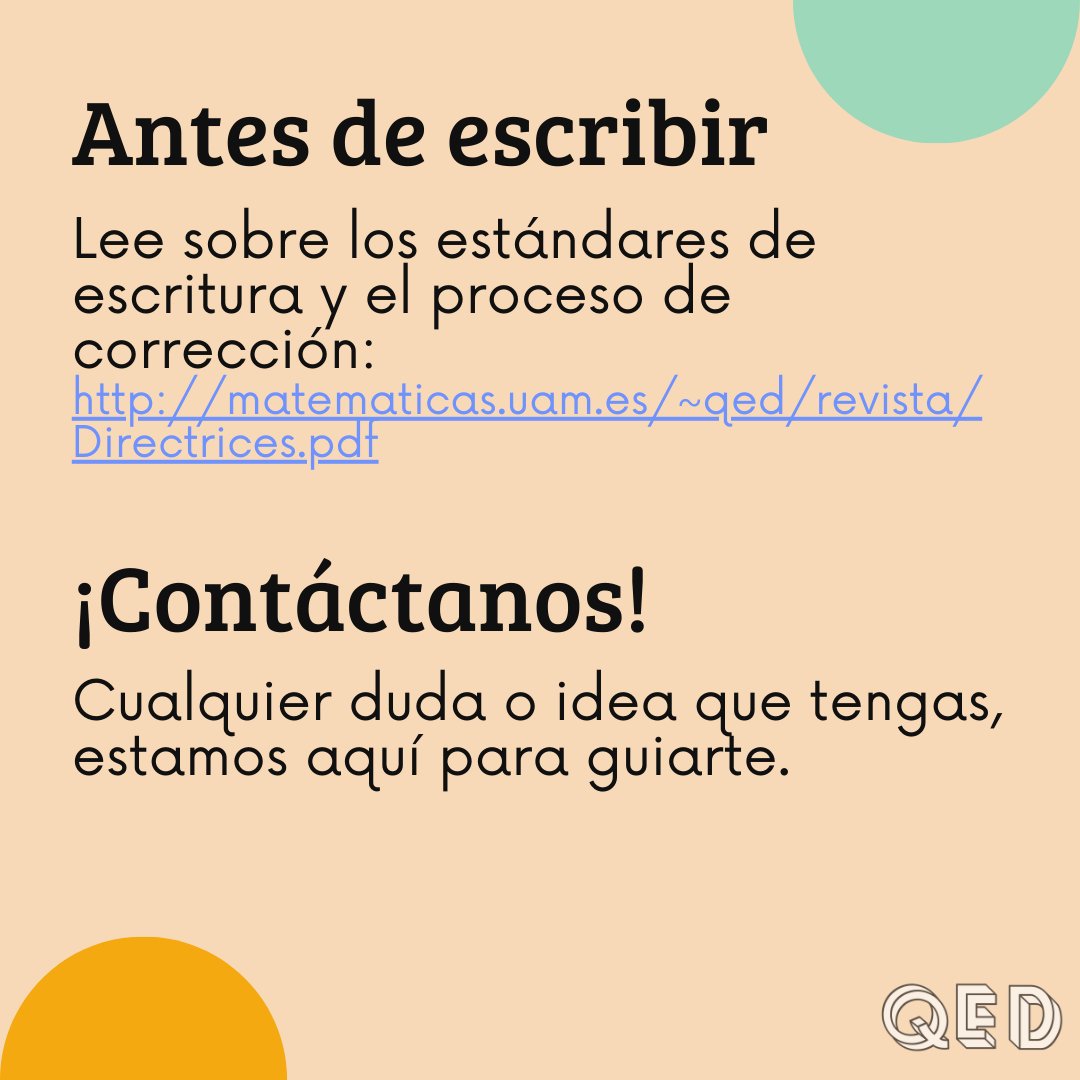 ¿Quieres escribir para el siguiente número de la revista QED? Aquí dejamos información que puede ser de ayuda :) 
El enlace a los temas sugeridos: docs.google.com/spreadsheets/d…