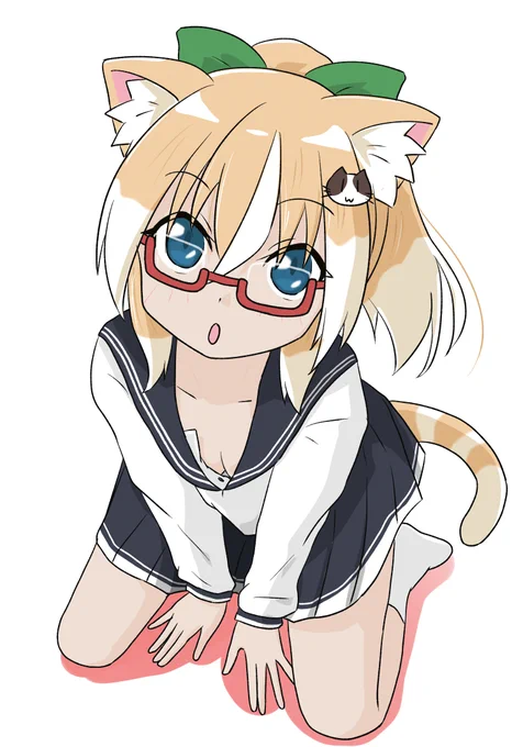 <あそんでー? って感じで足元に座り込んで鳴いてくるの好き  #創作 #オリキャラ #ネコとイヌとメガネっ娘