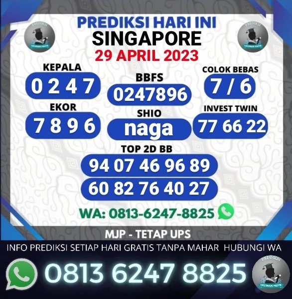 Lulusanpaito888's tweet photo. Prediksi Singapore Sabtu, 29 April 2023
Tetap UPS dan Salam JP !
Info Prediksi Pasaran Lain Chat WA 081362478825
#rumussingapore #prediksisingapore #keluaransgp #livedrawsgp #sgphariini #totosgp #angkajitusgp #bocoransgp #syairsgp #slotgacor #pragmaticplay https://t.co/LOS9ZpeN5D