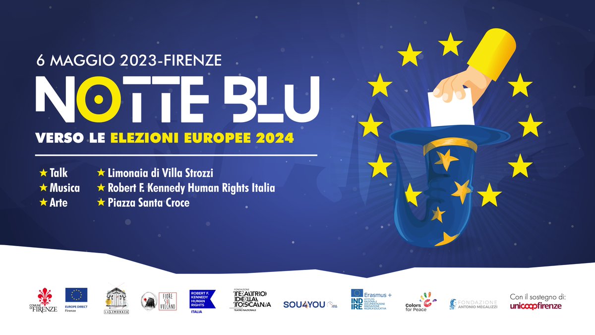 Festivaldeuropa's tweet photo. Evento immancabile del festival, la #NotteBlu ✨🇪🇺 Talk, workshop, musica, arte, colori e tante iniziative!
📍 #Firenze, 6 maggio
Scopri di più 👉 https://t.co/3decdCAFZ9

#SOU4YOU #FdE2023
@comunefi @EuropeDirectFI @ErasmusPlusInd https://t.co/V4cYtXfAfb