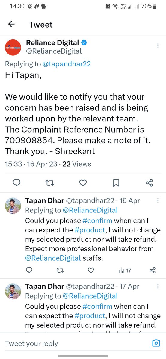 tapandhar22's tweet photo. @RelianceDigital Product purchased on 07April 2023. Till date your team not able to REFUND the money as they can't deliver the product. @RelianceDigital I have also attached my previous tweet. No resolution till date. @consumerforum_ @jagograhakjago @MLJ_GoI @ril_foundation https://t.co/Vacpx2DJcp