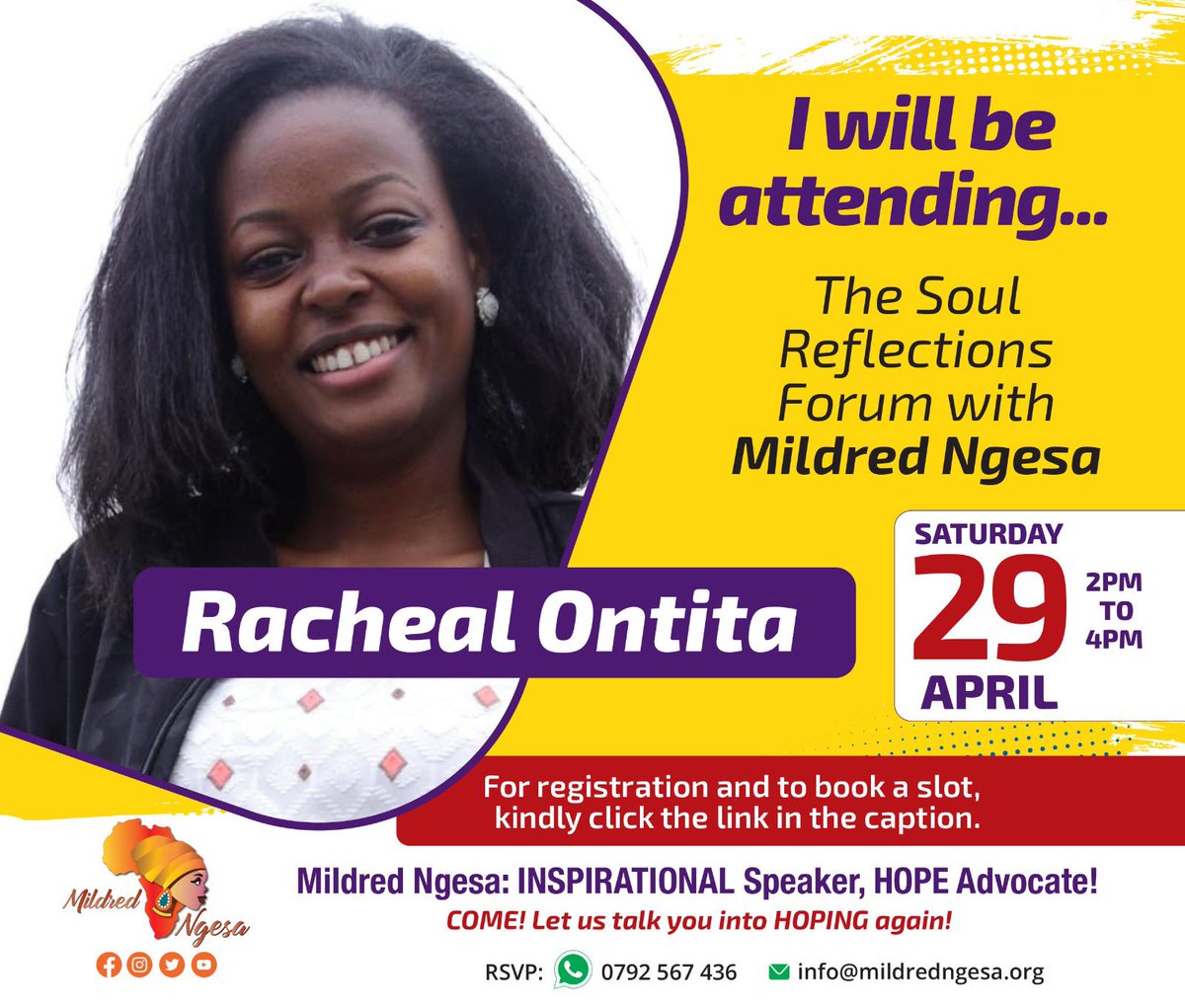 polycomdev's tweet photo. @rachealontita will also be joining us. 
You do not want to miss the #SoulReflectionForum!! 
Register on the tweet below ⬇️ 
#HopeAfrica #WomenInLeadership #Gpende #Polycomspeaks https://t.co/6anO4MJonw