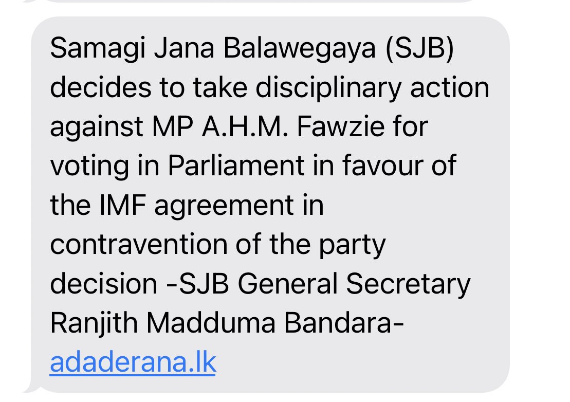 So clearly the SJB’s official party position is against any IMF program, since they are going after members who voted for it. It’s becoming increasingly obvious that the SJB has no solution but just opposes everything.