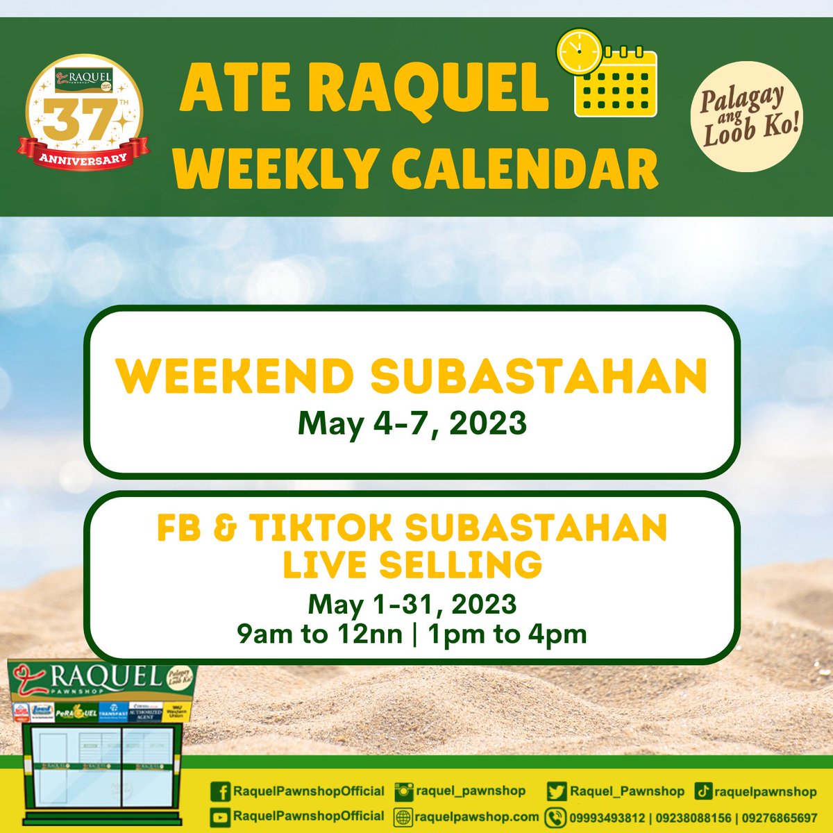 Raquel_Pawnshop's tweet photo. Raquelistas! Check out the upcoming activities at Raquel Pawnshop!
Mark your calendars right away!
#WeeklyCalendar #RaquelPawnshop #RPIServingCommunities #PalagayAngLoobKo #RPI37YearsNa https://t.co/nHcI64FMY7