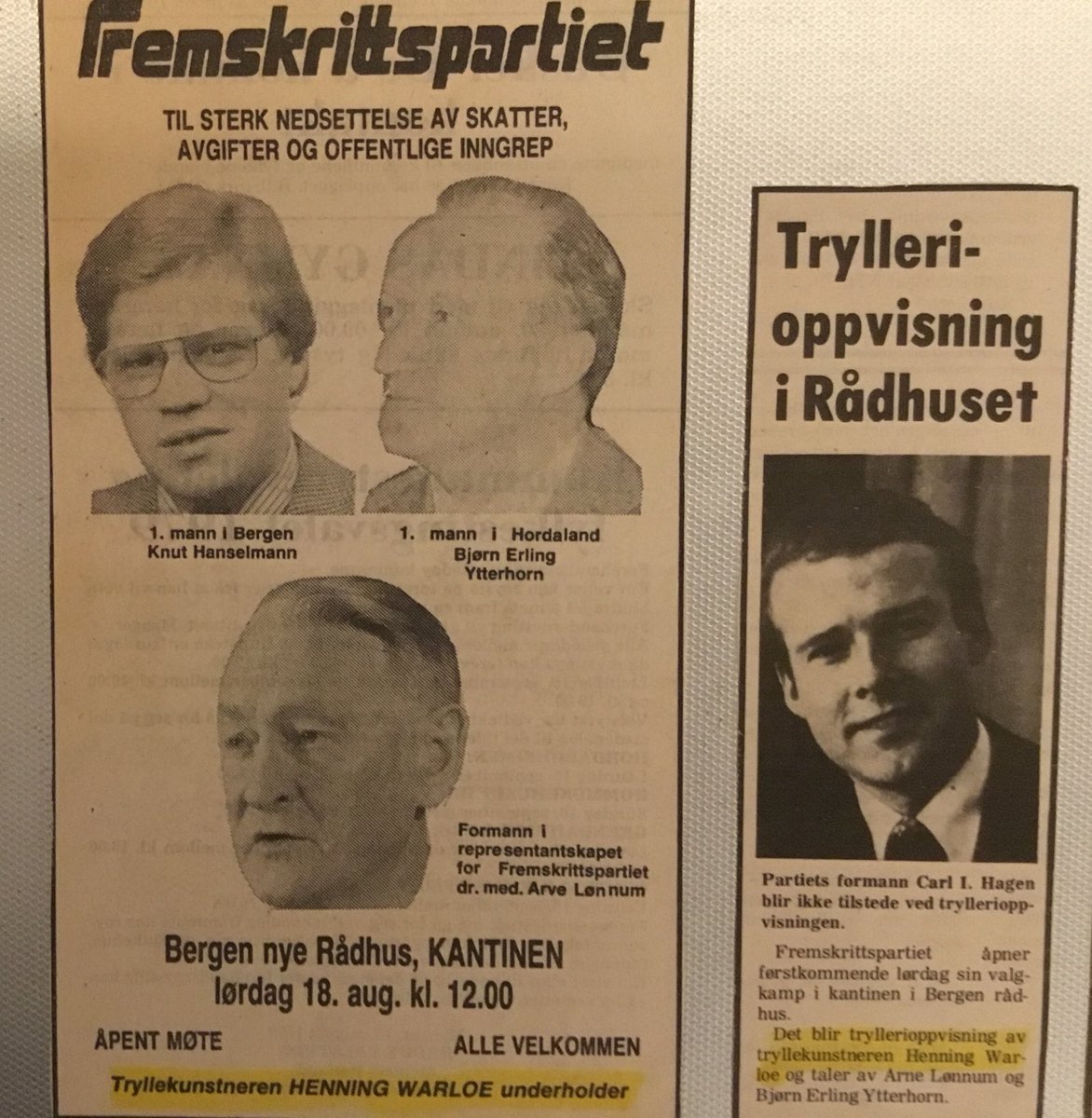 HWarloe's tweet photo. LITT MIMRING i anledning Fremskrittspartiets 50 års jubileum: Som ung tryllekunstner ble jeg engasjert til å underholde på åpningen av partiets valgkamp i Bergen i 1979. Innslaget havnet faktisk på selveste Dagsrevyen. Avtalt honorar: kr. 500. Naturligvis skattefritt! #frplm 🤩 https://t.co/L6bhVXzpx6