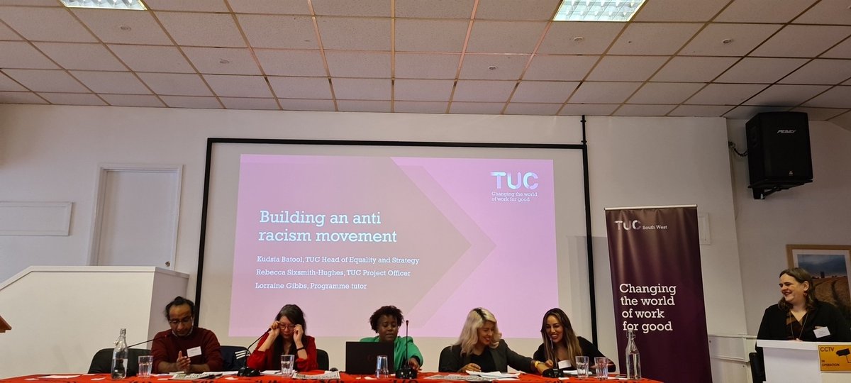JohnUcusw's tweet photo. Listening to Kudsia Batool TUC and Rebecca Sixsmith-Hughes TUC speaking about Equality and Racism in the workplace at the SWTUC.
Who will be here next year, either with me, or perhaps instead of me?
@Maxine4UCUVP 
@janetfarrarUCU 
@UcuswRC @BtcUcu @UCUSOUTHWEST @ucusouth https://t.co/HN9GvZLeGn
