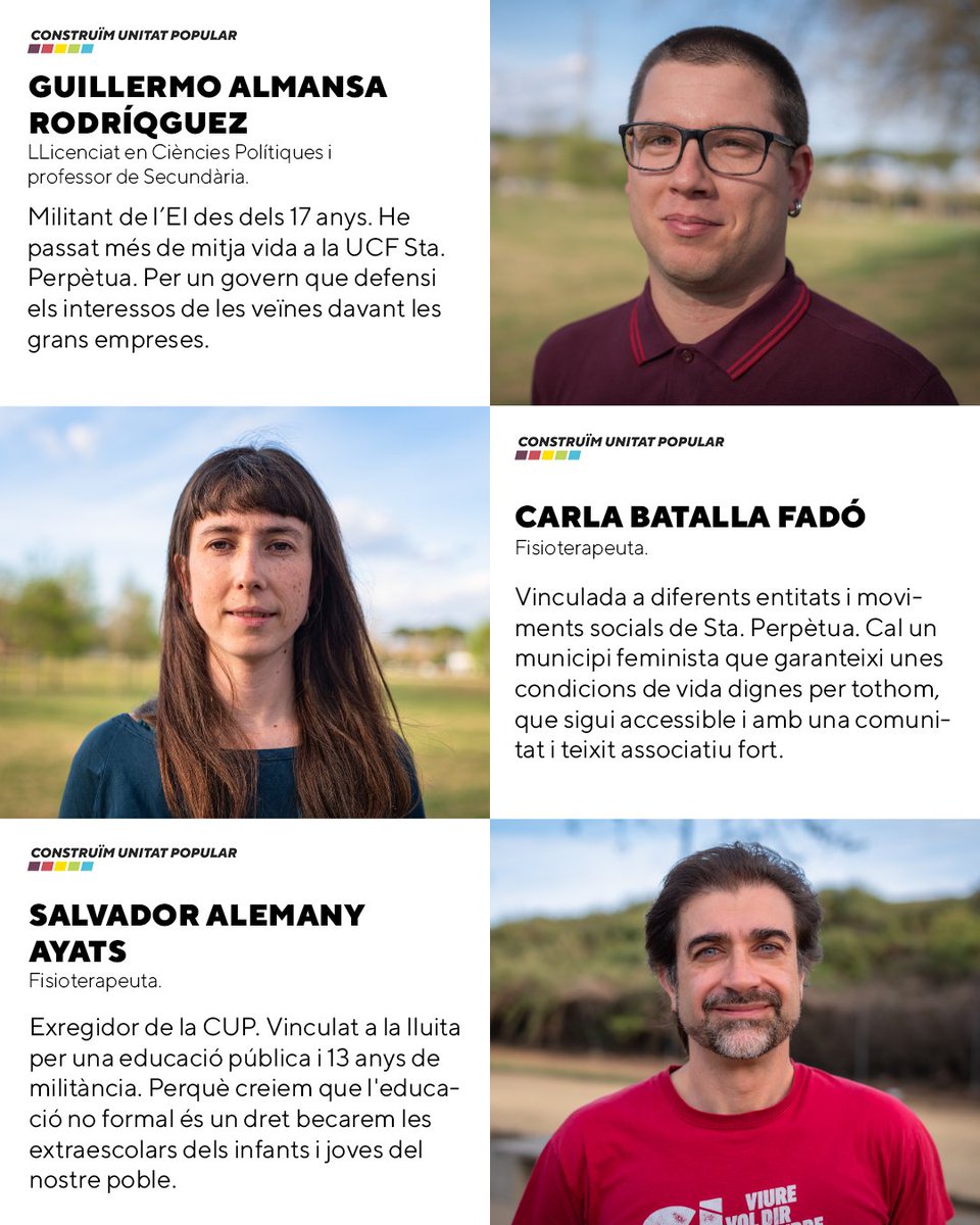 CUPStaPerpetua's tweet photo. Llista de persones candidates al #28M Ja les coneixeu bé, i sino us ajudarem a conèixer-les millor.

#1 Guillermo Almansa Rodríguez
#2 Carla Batalla Fadó
#3 Salvador Alemany Ayats

Com sabeu, per nosaltres l'ordre de presentació no és significatiu 😉. 
#Llista28M #GentQueLluita https://t.co/DacJCG2lXl