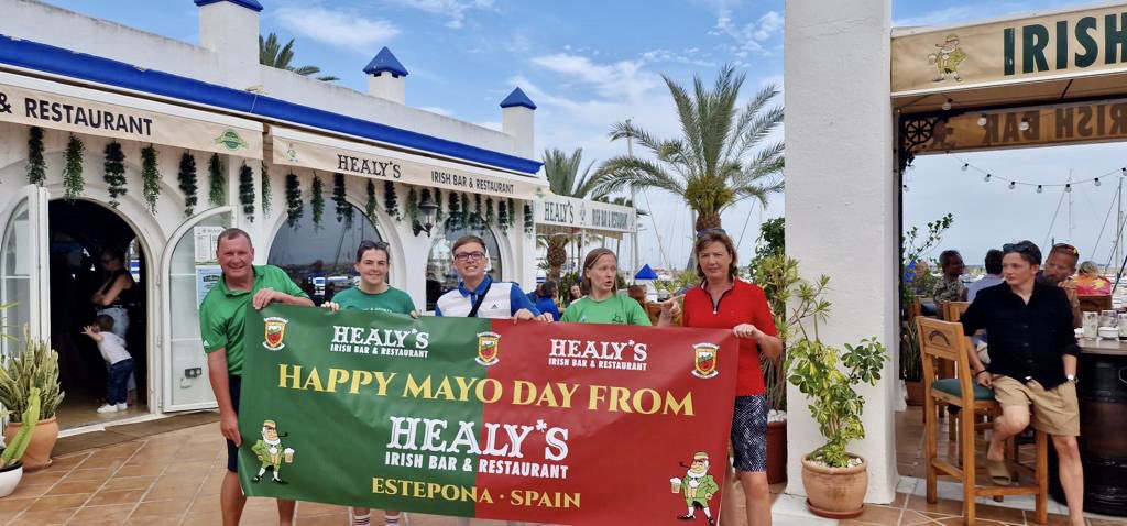 #MayoDay celebrations in Healy’s (Healy Mac’s) Irish Bar &amp; Restaurant in Estepona, Spain. Owned and operated by Glenamoy native Liam Healy, the Mayo flag flies proudly all year round!