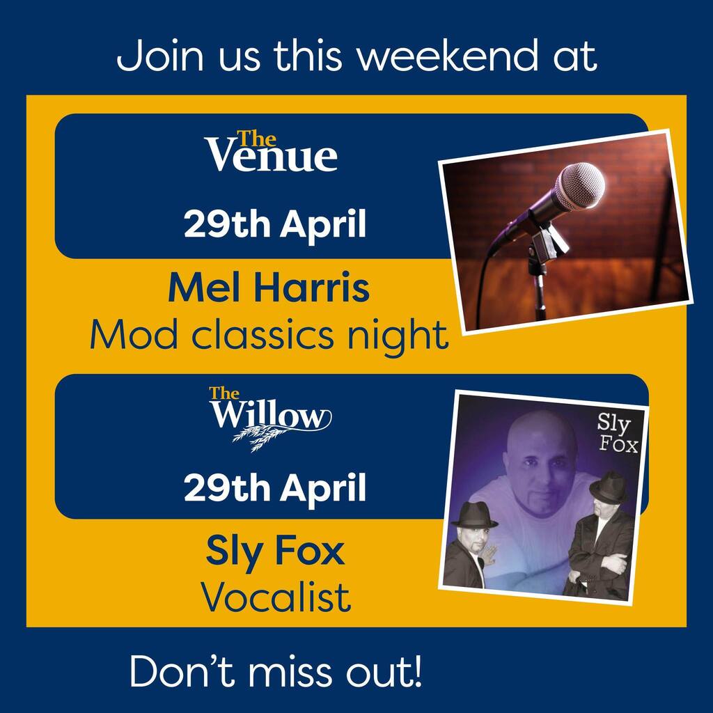 We have the fantastic Mel Harris performing at The Venue and Sly Fox performing at The Willow tonight, come and join us for a fantastic night of entertainment. 🎤

Tomorrow night we have the talented Amanda. instagr.am/p/CrnT814NWa7/