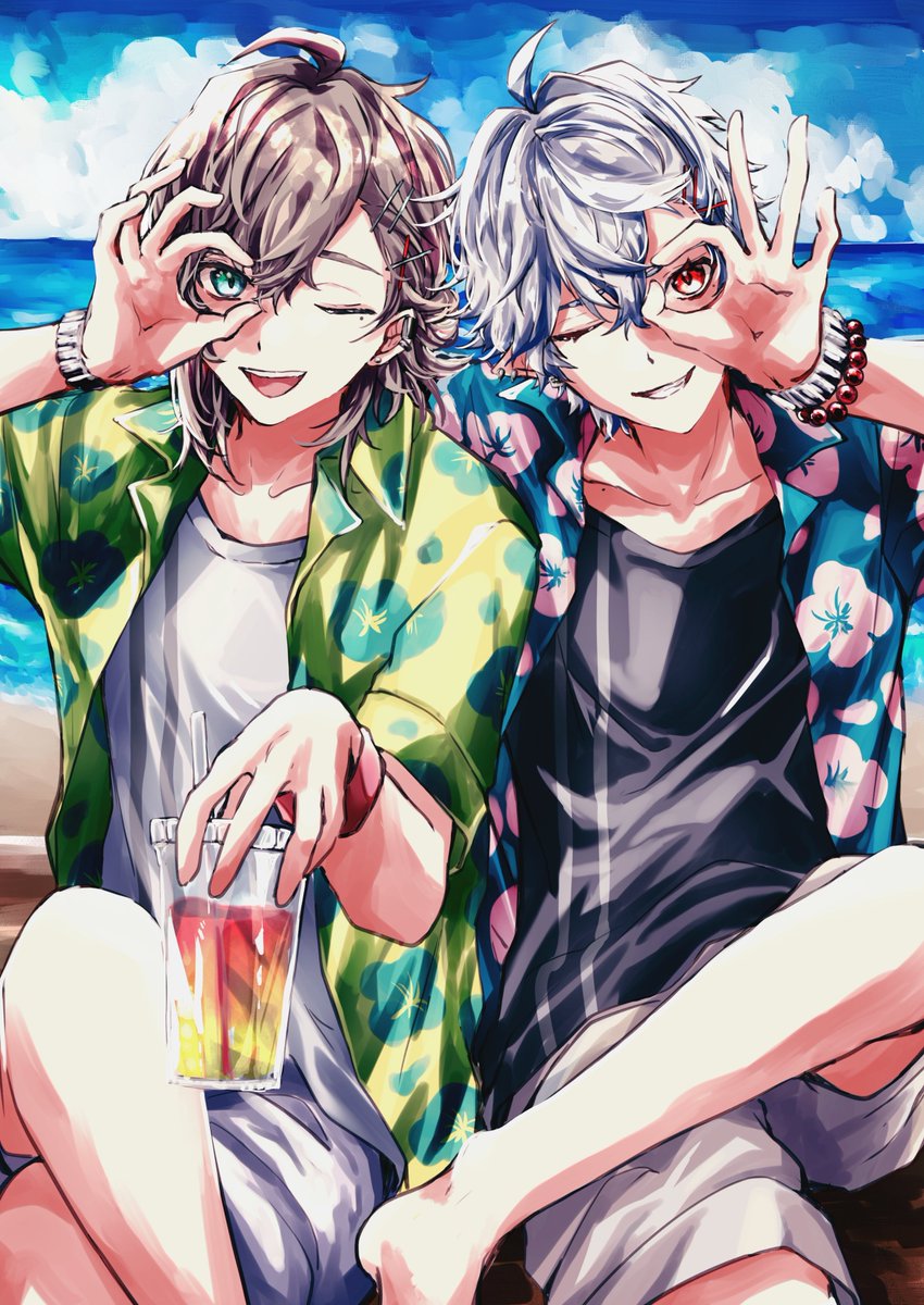 kuzuha (nijisanji) multiple boys 2boys one eye closed male focus shirt red eyes mole under eye  illustration images