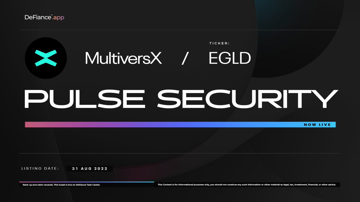 .<a href="/MultiversX/">Multiversᕽ</a> Pulse Security is now live on DeFiance.app/Pulse/Multiver… 

#Pulse collects carefully analyzed data from protocols, our partners and Divine DeFiants to assess the strengths and weaknesses of a protocol.

Review-to-Earn: users.DeFiance.app
$EGLD #DeFianceApp