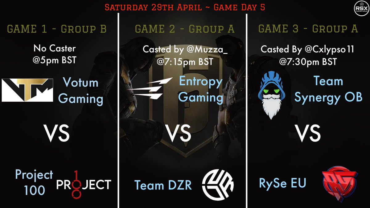 RSXPL's tweet photo. Game Day 5 and it’s another 3 game day!! 👀

🆚@VotumGaming vs @Project100_R6 
⌛️5pm BST
🎙️ N/A (Will be updated if it changes)

🆚@EntropyGaming vs @DZR_R6 
⌛️7:15pm BST
🎙️ @Muuzzaaa_ 

🆚@TeamSynergyEC vs @Timboektoe121 
⌛️7:30pm BST
@cxlypso113 https://t.co/4hbNjCJnGB