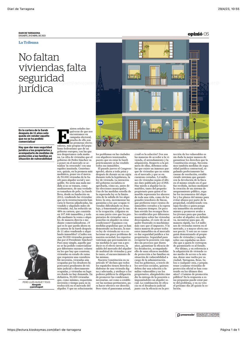 Mis comentarios a los anuncios de Pedro Sánchez en relación a la vivienda, la ley de vivienda y la necesidad de dar seguridad jurídica a los propietarios. Y el enlace a la web del Diari de Tarragona diaridetarragona.com/movil/opinion/…