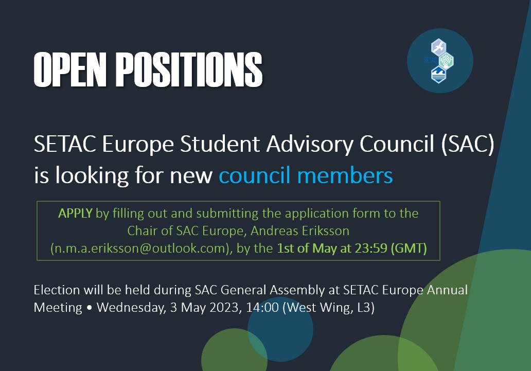 SETAC Europe Annual Meeting in Dublin starts tomorrow! Join us at the General Assembly of the SETAC Europe Student Advisory Council (SAC) and apply for open positions in the SAC! Find all information and APPLICATION FORM here: setac.confex.com/setac/europe20… #SETACDublin