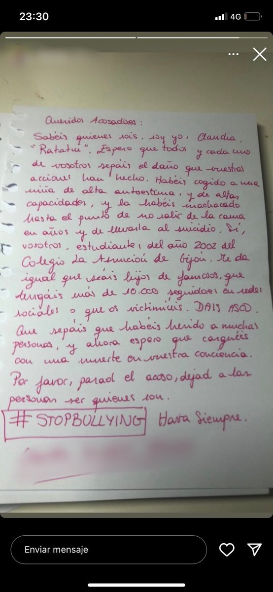 Si Claudia quiso publicar esto que lo vean y que, si es que tienen algo de conciencia, les quede marcado para siempre.
Acosar a tus compañeros no es ninguna broma, os lleváis vidas por delante. Ya os lo dice ella: DAIS ASCO.
#stopbullying #saludmental
