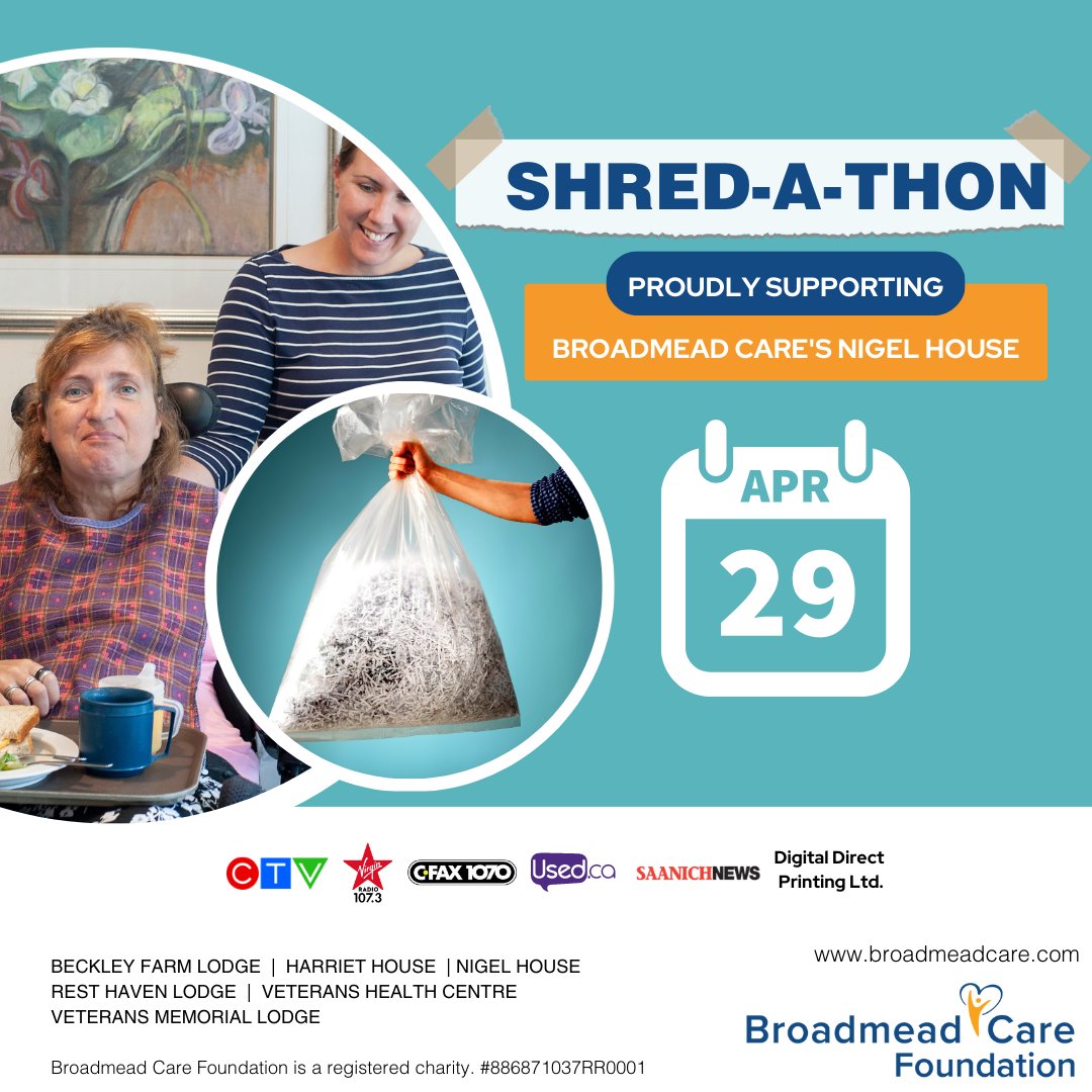 Today's the day! Broadmead Care's Shred-a-Thon is taking place from 9 AM - 1 PM in the lower parking lot of Veterans Memorial Lodge | 4579 Chatterton Way. Stop by with your shredding and $10 / box contribution to support Nigel House.  We hope to see you there!