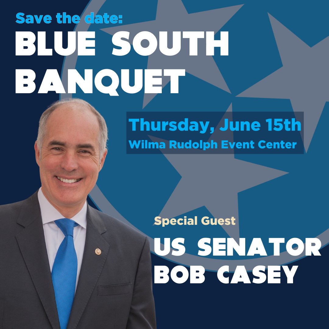 📅 Save the date for the MCDP’s Blue South Banquet with Special Guest US Senator Bob Casey (D-PA) on 6/15. Join us for an evening of music, food, speeches, and fellowship at Wilma Rudolph Event Center. Tickets available now! secure.actblue.com/donate/bluesou…