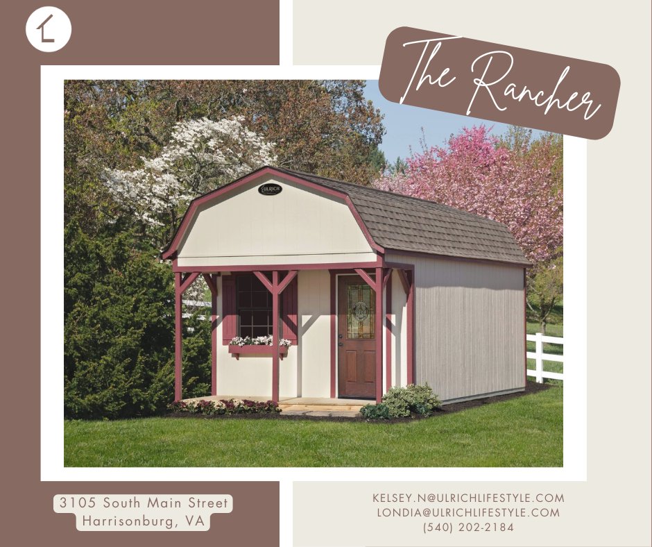 UlrichHburg's tweet photo. The Rancher is a shed with a ton of flexibility. It comes standard with extra-tall walls, perfect for finishing out as a she barn, office, or even a man cave. Keep your storage items in the loft and enjoy the spaciousness of the main floor.  #UlrichLifestyle #UlrichHarrisonburg https://t.co/hOlKTRzYfi