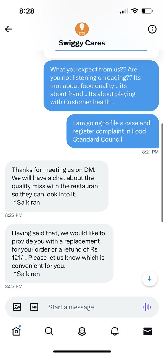 Thread 3 : Look at the response of Swiggy when I complained them about their restaurant who is sending Food from Road side Thela and playing with customer life by providing such sitty food .. <a href="/Swiggy/">Swiggy Food</a> <a href="/SwiggyCares/">Swiggy Cares</a> <a href="/harshamjty/">Sriharsha Majety</a> <a href="/fssaiindia/">FSSAI</a> <a href="/ScoopWhoop/">ScoopWhoop</a> <a href="/MoHFW_INDIA/">Ministry of Health</a> 
#swiggynotsafe