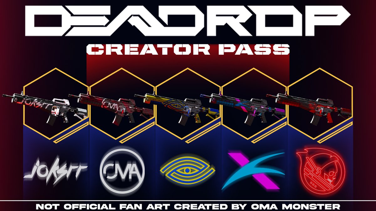 OMA_Monster's tweet photo. Had an itch to scratch so rather than 1 AR and 1 creator (or myslef and feeling selfish) I did 5 and put em into 1 concept for a Creator pass.

@ArctixTV @JOK5RR @EyeSeeU8 @THEHELMETFIRE 
hope you lads don't mind that I pinched your logos for this 😂
@12am #DEADROP https://t.co/HjVSdOgf6U
