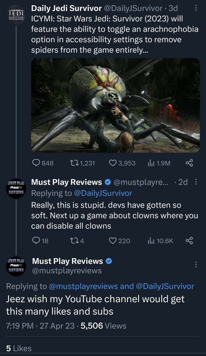 draagonslayer19's tweet photo. Ah yes, Star Wars, a franchise famous for *checks notes* being a spider killing simulator. Can't believe this Twitter Blue user isnt always seeing such large engagement with honest reviews like this. https://t.co/ekHD2Keq0e