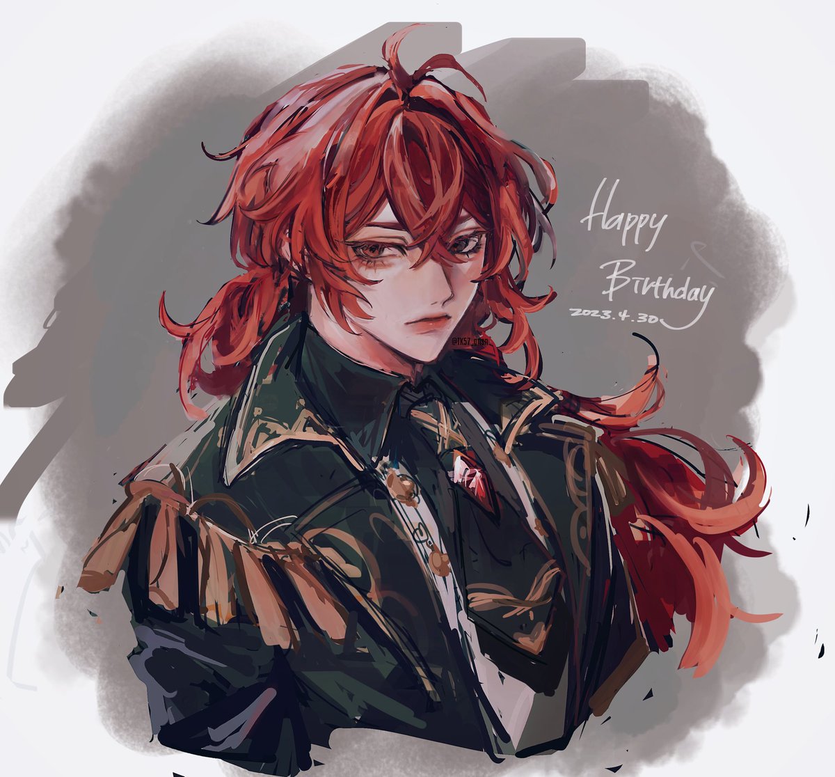 diluc (genshin impact) 1boy male focus red hair long hair solo red eyes happy birthday  illustration images