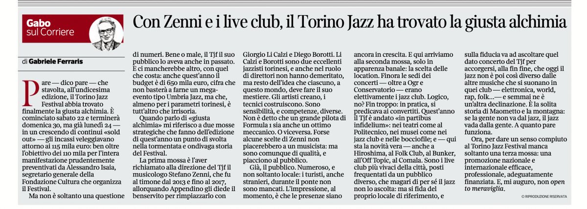Torino jazz Festival (@torinojazzfest) on Twitter photo "La giusta alchimia" di questo #TJF2023 dai grandi numeri,
nell'articolo di <a href="/gaboferraris/">gabriele ferraris</a> sul <a href="/CorriereTorino/">Corriere Torino</a>.
#TJF #TorinoJazzFestival "La giusta alchimia" di questo #TJF2023 dai grandi numeri,
nell'articolo di <a href="/gaboferraris/">gabriele ferraris</a> sul <a href="/CorriereTorino/">Corriere Torino</a>.
#TJF #TorinoJazzFestival