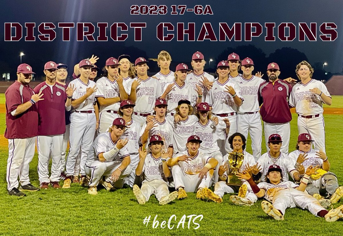 CyFairBaseball's tweet photo. 🏆DISTRICT CHAMPIONS🏆

For the 3rd year in a row, the Bobcats are the 17-6A District Champions and #1 seed for the UIL State Playoffs!

#beCATS | #BFND | 🐾⚾️ https://t.co/EaFE1GuP2Z