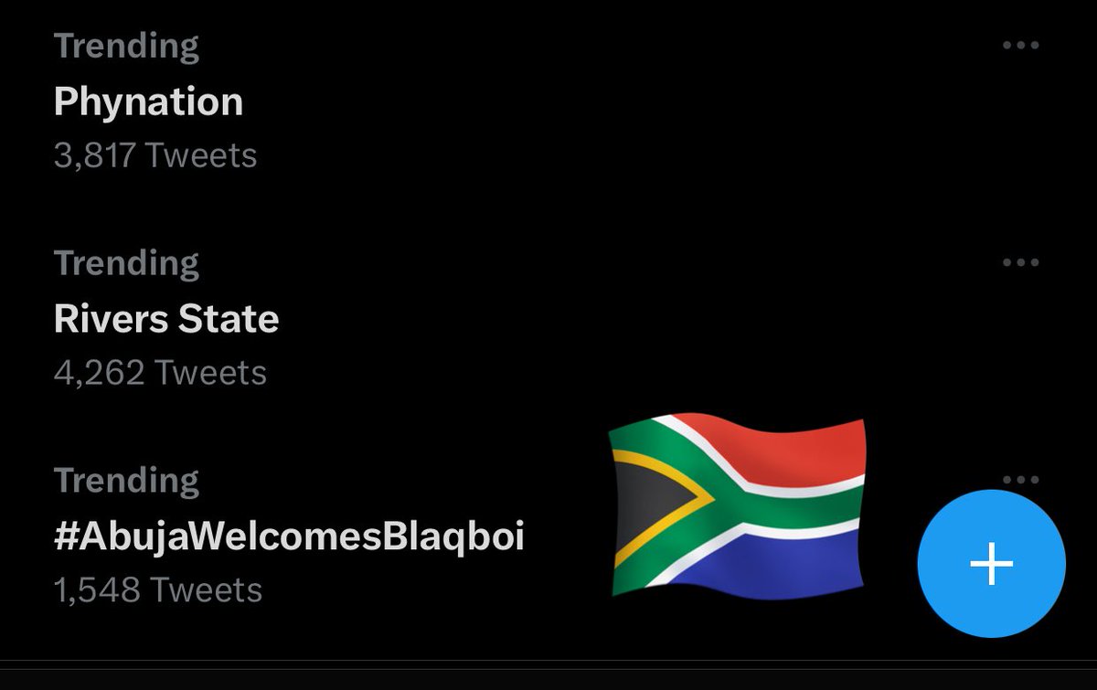 BlaqNation are vexing today and we love it.!!!!
Both our tags are trending in Nigeria 🇳🇬 and 1 of them is trending is SA🇿🇦

The love for our Captain is definitely felt!!!👁️‍🗨️🥂

#AbujaWelcomesBlaqboi
#BlaqboiInAbuja