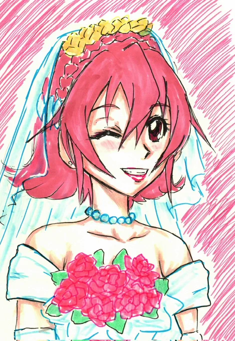 #プリキュア版深夜の真剣お絵描き60分一本勝負 お題「ピンクのプリキュア」「ウェディングドレス」。 ドキプリ映画を見たあとなので大人マナ。