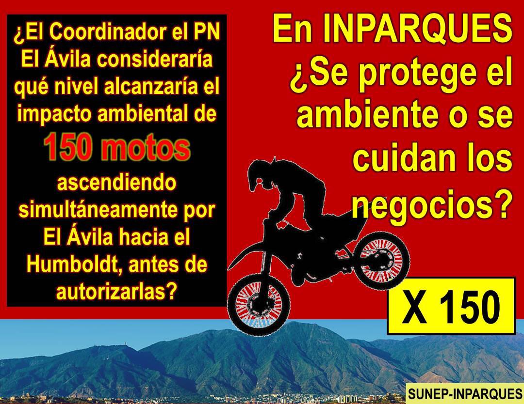 sunepinparques2's tweet image. #29Abril ¿El Coordinador el #PNElAvila consideraría qué nivel alcanzaría el impacto ambiental de 150 motos  ascendiendo #simultáneamente por El Ávila hacia el  Humboldt, antes de  autorizarlas?  En #INPARQUES  ¿Se protege el ambiente o se cuidan #losnegocios? ...
