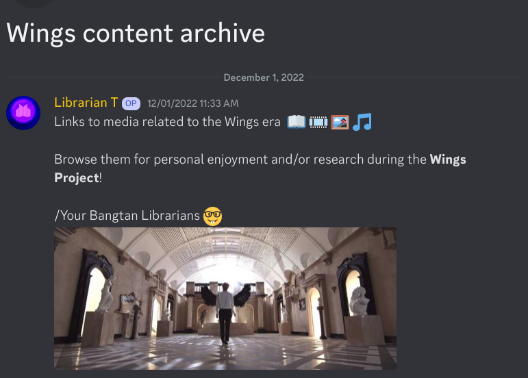 bangtan_library's tweet photo. The Bangtan Library #WingsProject kicked off Dec 1, 2022 when we curated and published this:
Our Wings era content archive 📂
Visit our Wings Project channel here, and scroll to the content archive post:
https://t.co/XiJ80OtTPD https://t.co/7QbyWA0D1Z