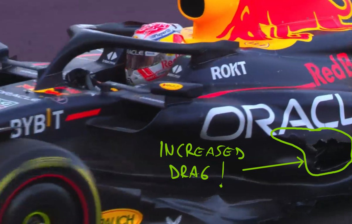 FDataAnalysis's tweet photo. Verstappen could not get close to Leclerc, mainly due to the MASSIVE hole he had in the sidepod!🤯

The hole increased the drag of his RedBull significantly, reducing the high-speed acceleration and top speed💥

(Original screenshot by @redbulletin)
#F1 #BakuGP #AzerbaidjanGP https://t.co/lda5LCwSp5