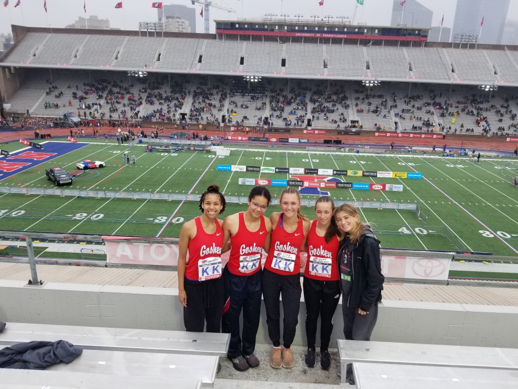 Our ladies 4x400m relay team of Riley Horn, Gabriella Ukejianya, Dylin Duggan, Charissa Logan &amp; Alt Izzy Barnhorst representing Goshen this morning at Penn Relays! #GoGladiators <a href="/GCSDAthletics/">Goshen Athletics</a>