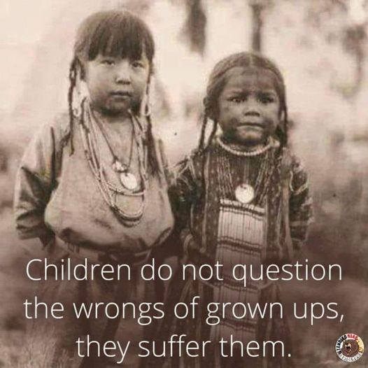 Indigenous28401's tweet photo. Vintage photo of two Native American children dressed in traditional clothing with the words, “Children do not question the wrongs of grown ups, they suffer them.” Adapted from a post by Delaney Apple] https://t.co/ItqwJYR1GM