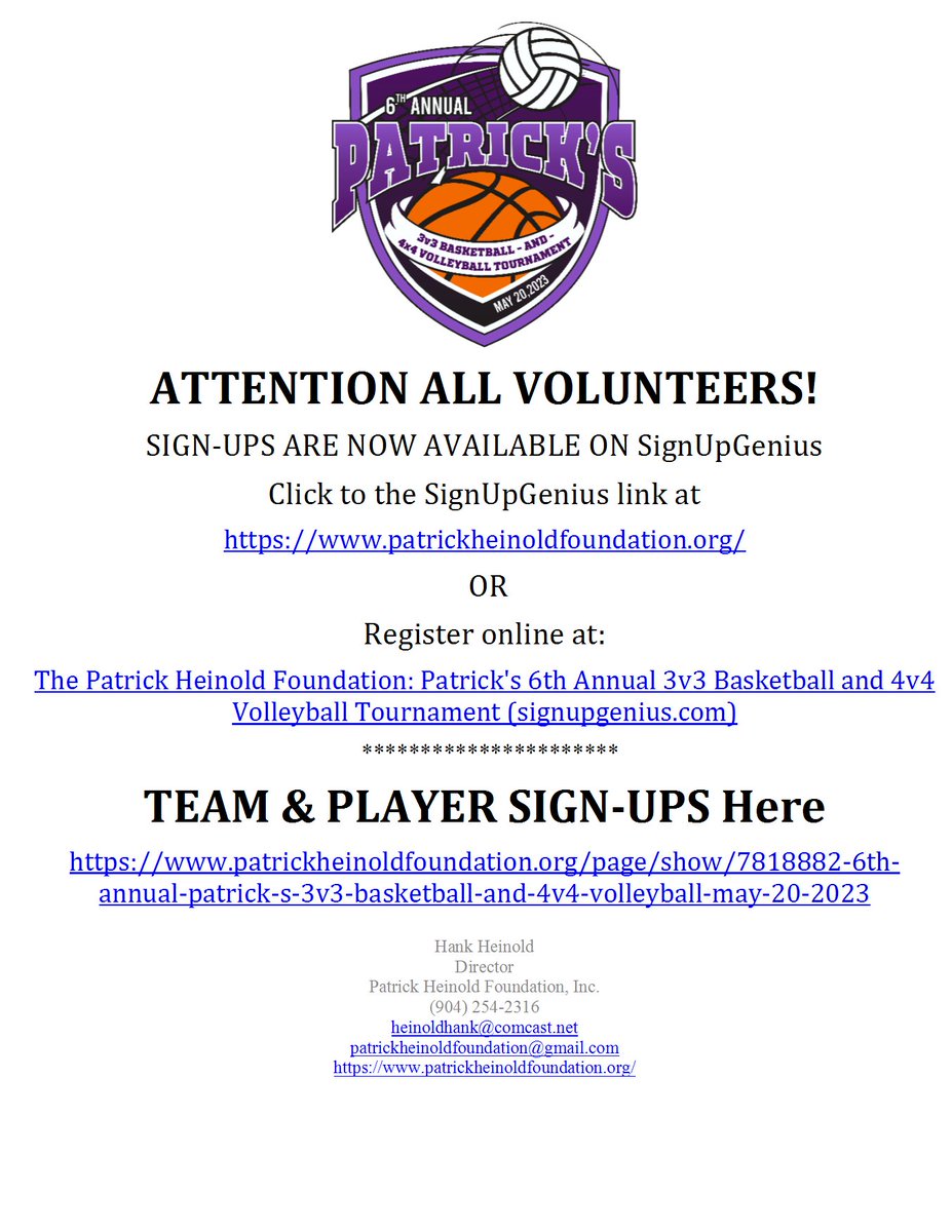 PH33Foundation's tweet photo. Sign-Up to Volunteer or Play in Patrick's 6th Annual 3v3 Basketball &amp; 4x4 Volleyball Tourney Saturday May 20, 2023 https://t.co/NpGLXrQQDQ