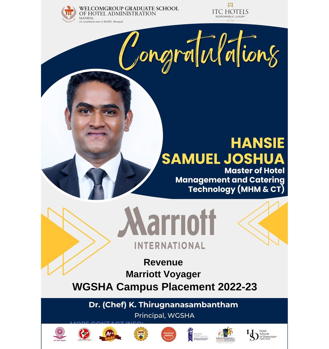 WManipal's tweet photo. #placement
Congratulations Mr. Hansie Samuel on his successful placement in WGSHA Placement Drive2023 for #Revenue at #marriottvoyager2023
@ThiruChef @MAHE_Manipal @ITCHotels @ITCCorpCom
#StudentsofWGSHA #hospitalityindustry #marriottinternational #MAHE #manipal https://t.co/SZv8aYwb5j
