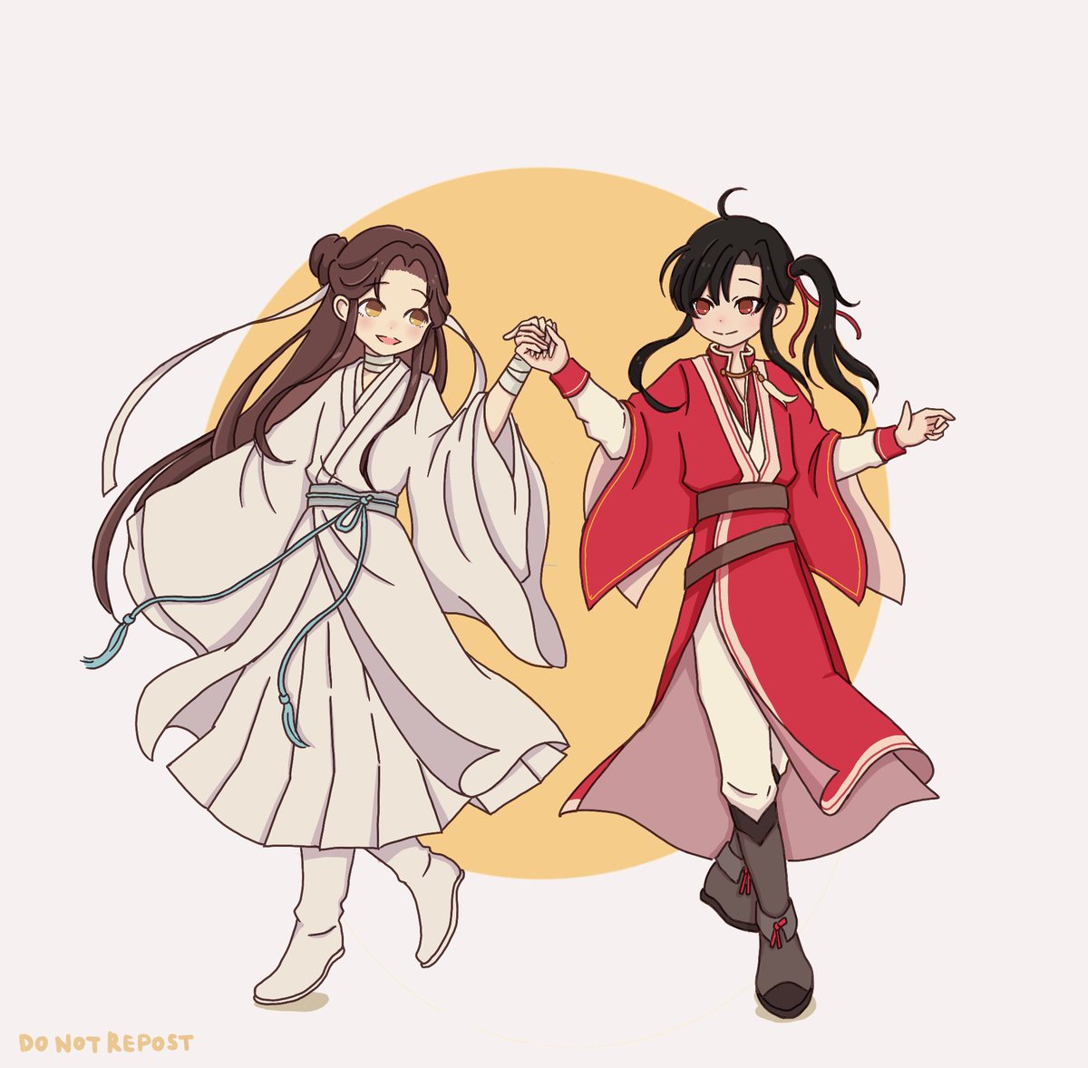 chinese clothes hair bun black hair long hair holding hands 1girl smile  illustration images