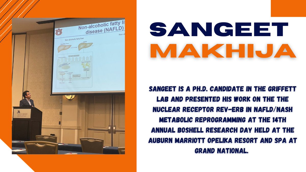 BOOM! 
Check out our student <a href="/sangeetmak/">Sangeet Makhija</a> from the <a href="/GriffettLab/">Griffett Lab @ Auburn</a> presenting his work on the REV-ERB receptor in liver disease at the 14th annual Boshell #Research Day!
<a href="/AuburnVetMed/">Auburn University College of Veterinary Medicine</a> <a href="/kgriff716/">Kristine Griffett</a> <a href="/AuburnU/">Auburn University</a>