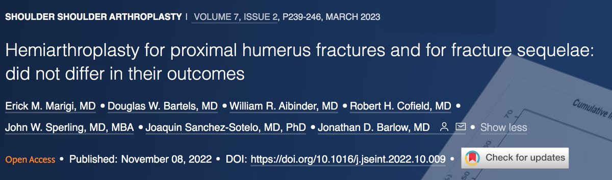 DMarigsMD's tweet photo. Shoulder hemi-arthroplasty continues to have a diminishing role in the post reverse era. 

When HA was performed for proximal humerus fractures, we found no significant differences with early vs. delayed treatment up to 15 years out from surgery. 

https://t.co/PVjJKMdJyR https://t.co/kV63Gzj1eX