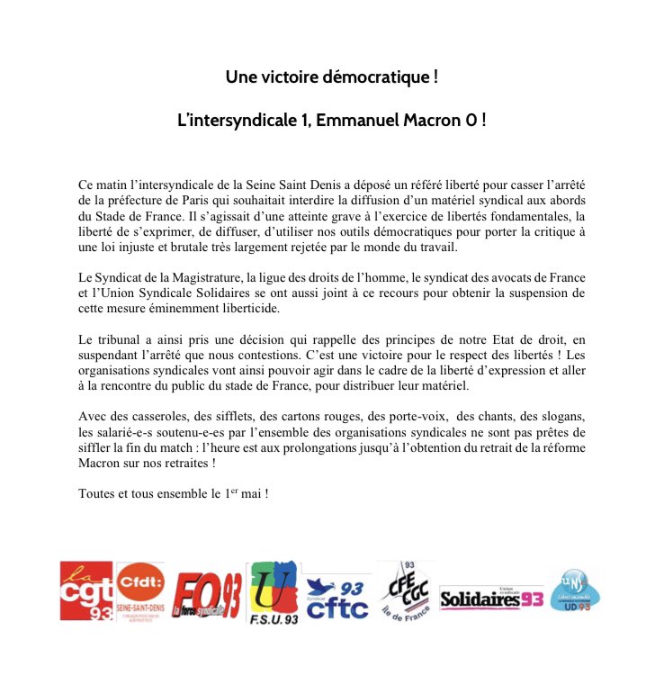 🚨💪Une victoire démocratique ! 
                  L’intersyndicale 1, 
               Emmanuel Macron 0 !
#CartonRouge à la retraite à 64 ans