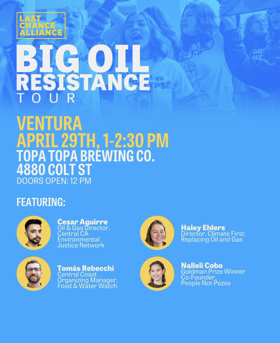 Consumer Watchdog (@consumerwd) on Twitter photo Today!!! #VENTURA! The #BigOilResistance Tour is coming to town on April 29th!
🎺 You won't want to miss this exciting event with live music, and speakers incl. Tomás Rebecchi of <a href="/foodandwater/">Food & Water Watch</a>, Haley Ehlers of <a href="/CFROG_vc/">Climate First: Replacing Oil & Gas (CFROG)</a>, and <a href="/NalleliCobo/">Nalleli Cobo</a>!
☀️ Sign up here: actionnetwork.org/ticketed_event… Today!!! #VENTURA! The #BigOilResistance Tour is coming to town on April 29th!
🎺 You won't want to miss this exciting event with live music, and speakers incl. Tomás Rebecchi of <a href="/foodandwater/">Food & Water Watch</a>, Haley Ehlers of <a href="/CFROG_vc/">Climate First: Replacing Oil & Gas (CFROG)</a>, and <a href="/NalleliCobo/">Nalleli Cobo</a>!
☀️ Sign up here: actionnetwork.org/ticketed_event…