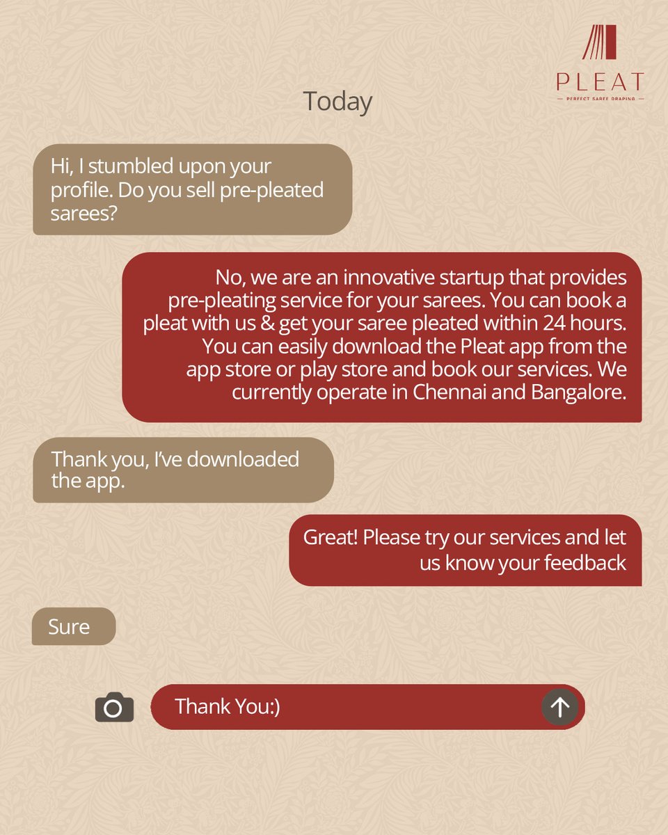PleatOfficial's tweet photo. Are we selling pre-pleated sarees❔

Do read the post above to understand what we do🆙

Download the Pleat app now 📲 and pre-pleat 🥻 your sarees ☺ for a hassle-free saree draping 💯

🔺https://t.co/8faRJkDdhJ

To know more about Pleat, check our page now ⬆ https://t.co/yljXkStfj5