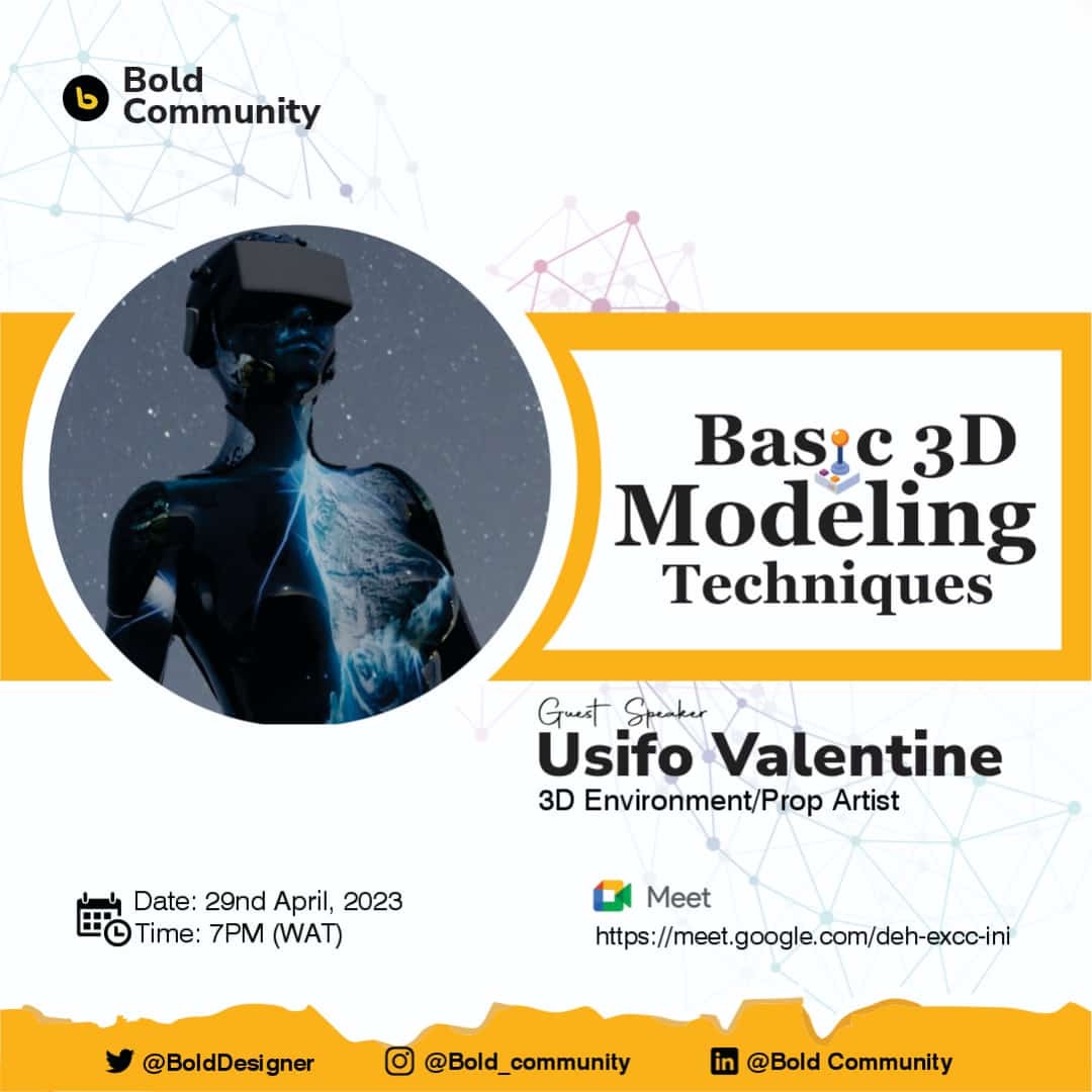 BoldDesigners's tweet photo. Hey gamers, join @ValentineUsifo as he ushers us into the basic 3D modeling techniques.
Link is https://t.co/XaMYb9Is35
#gamedeveloper #gamer #gamedev https://t.co/PjutbVx9dA