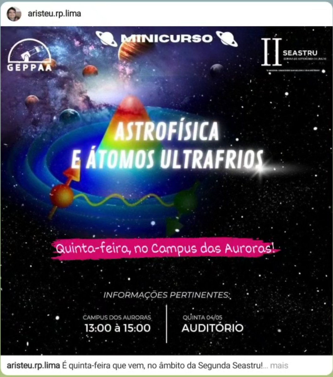 ultracoolatoms's tweet photo. Minicurso sobre a relação entre átomos ultrafrios e astrofísica? Parece que não tem nada a ver, e talvez não tenha mesmo. Só vai saber quem participar! ;-) https://t.co/BLblD5SIJi