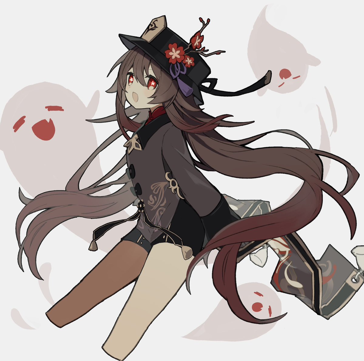 hu tao (genshin impact) 1girl hat ghost long hair red eyes brown hair open mouth  illustration images